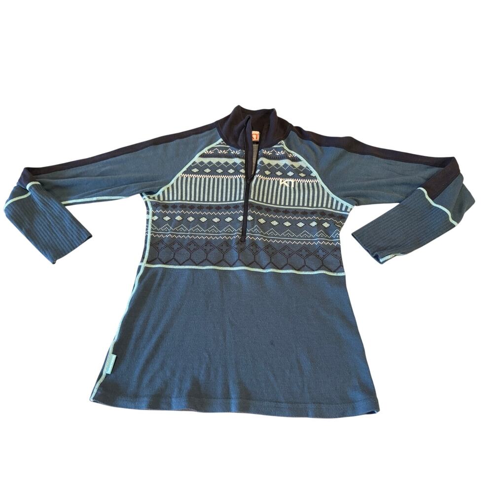 Kari Traa Women’s S Blue Nordic Fair Isle 1/4 Zip Wool Blend Pullover Top